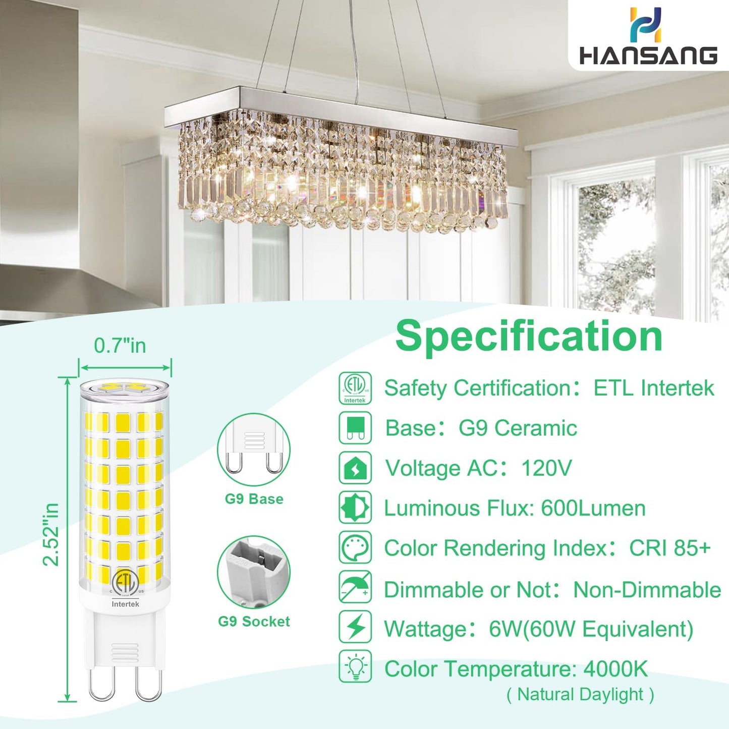 hansang 10-Pack G9 LED Bulbs 4000k Natural Daylight White, 6W 60W Equivalent, 600LM Warm White T4 Crystal Chandelier Lights, G9 Bi-Pin Ceramic Base, Non-Dimmable