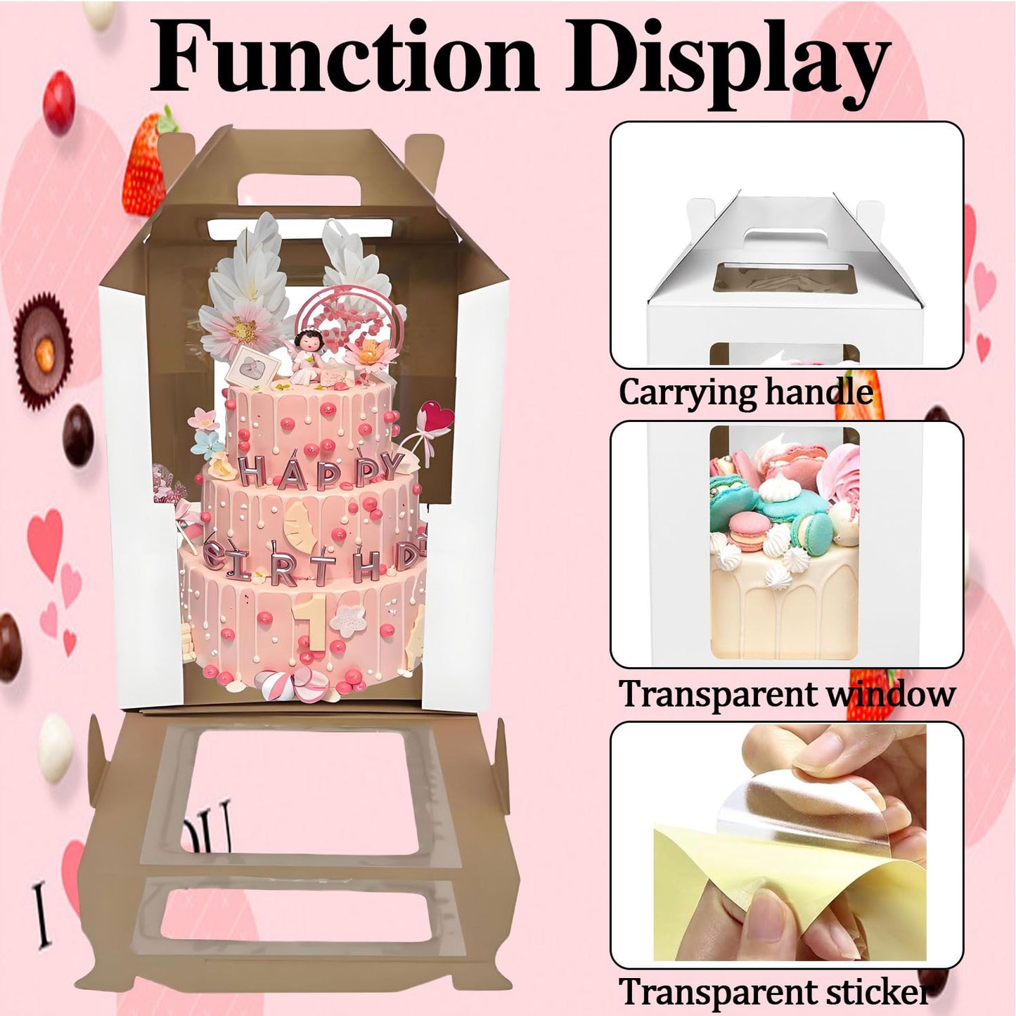 GODCDKC Cake Boxes - 2 Pack Tall Cake Box 12x12x14 Inch Disposable Layer Carrier with Window Large Tierd Cake Out Transport Containers with Handle for Wedding, Birthday, Party (White)