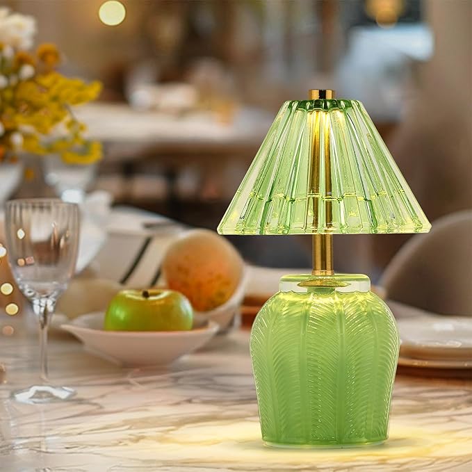 Small Battery Operated Lamp with Timer, Tiny Cordless Glass Table Lamp for Home Decor, Kitchen, Bathroom, Birthday Gift for Women, Cream Green