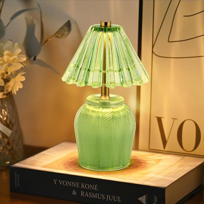 Small Battery Operated Lamp with Timer, Tiny Cordless Glass Table Lamp for Home Decor, Kitchen, Bathroom, Birthday Gift for Women, Cream Green
