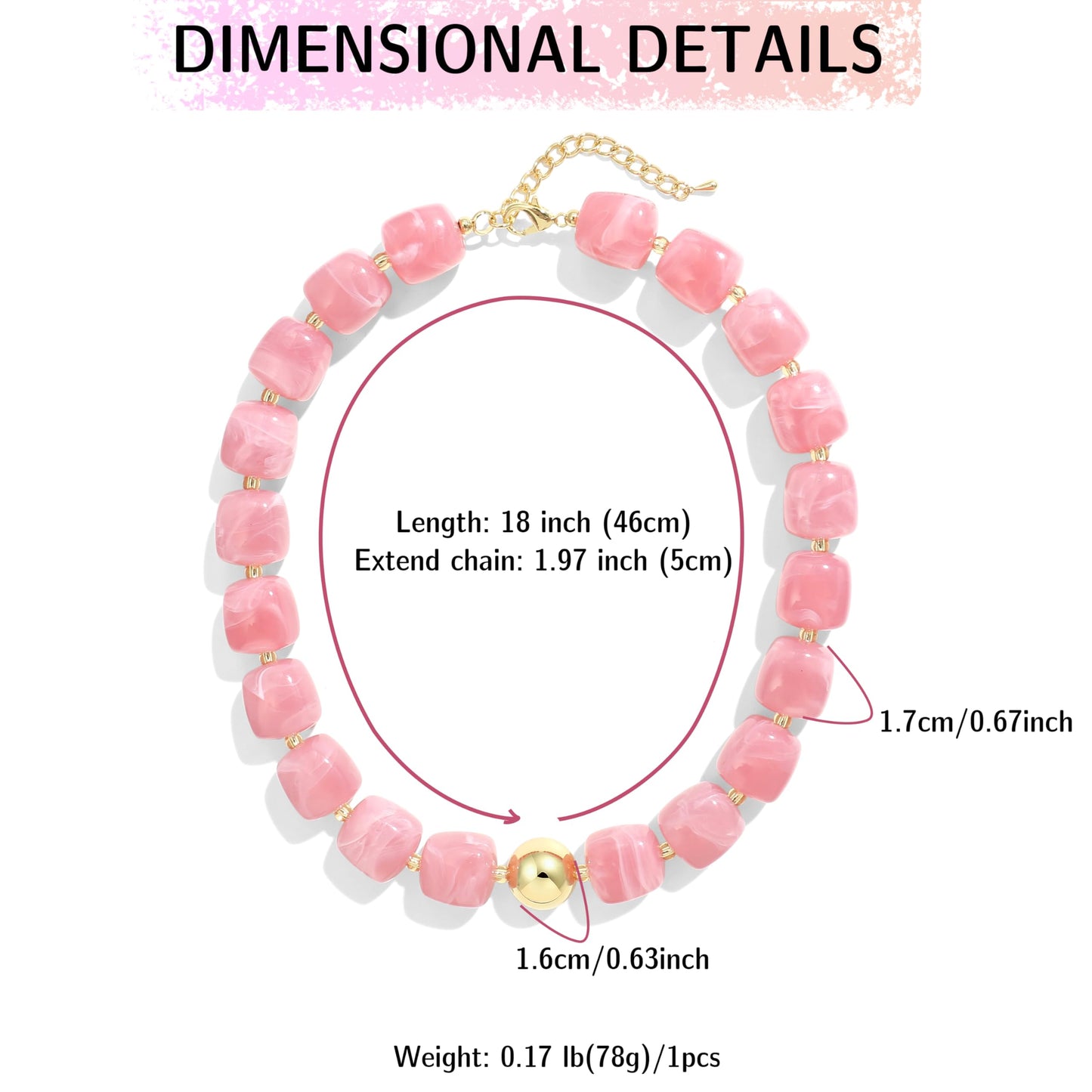 BREPINE Old Pink Chunky Necklaces for Women Multicolored Large Square Resin Beads Necklace Trendy Bold Statement Beaded Summer Candy jelly Vacation Choker
