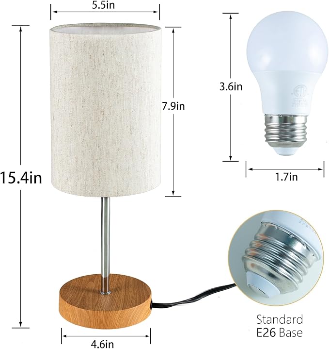 2 Pack Small Table Lamps, Bedside Lamps for Nightstand with Wire Switch, Modern Minimalist Desk Lamp with Linen Fabric Shade for Dorm Kids Room Living Room Office Bedroom, Bulb Included-L