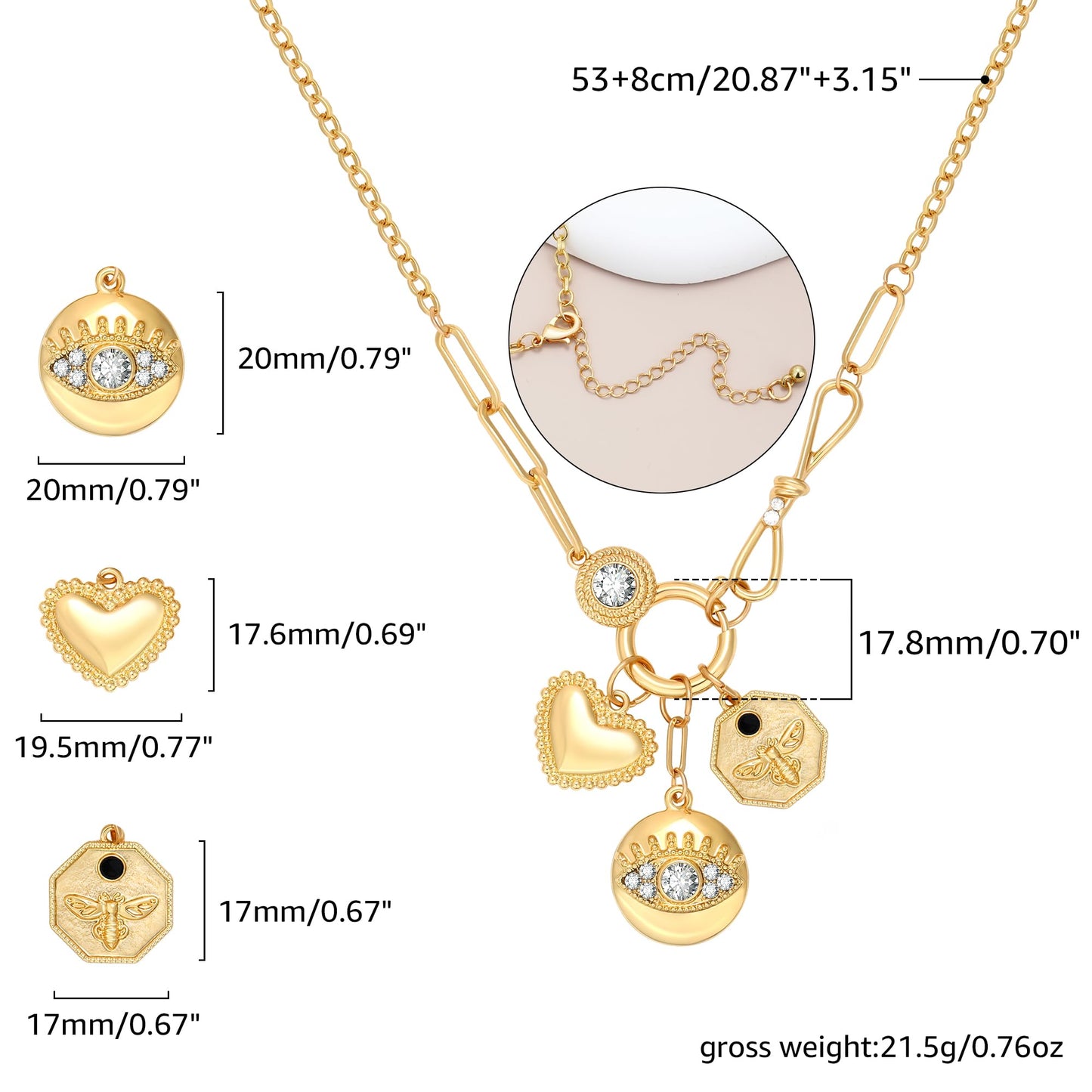 BONJOULRY Evil Eye Heart Coin Charm Necklace for Women Dainty Gold Plated Rhinestone Bowknot Pendant Protection Necklace Paperclip Chain Charms Necklaces Trendy Jewelry Bee Coin