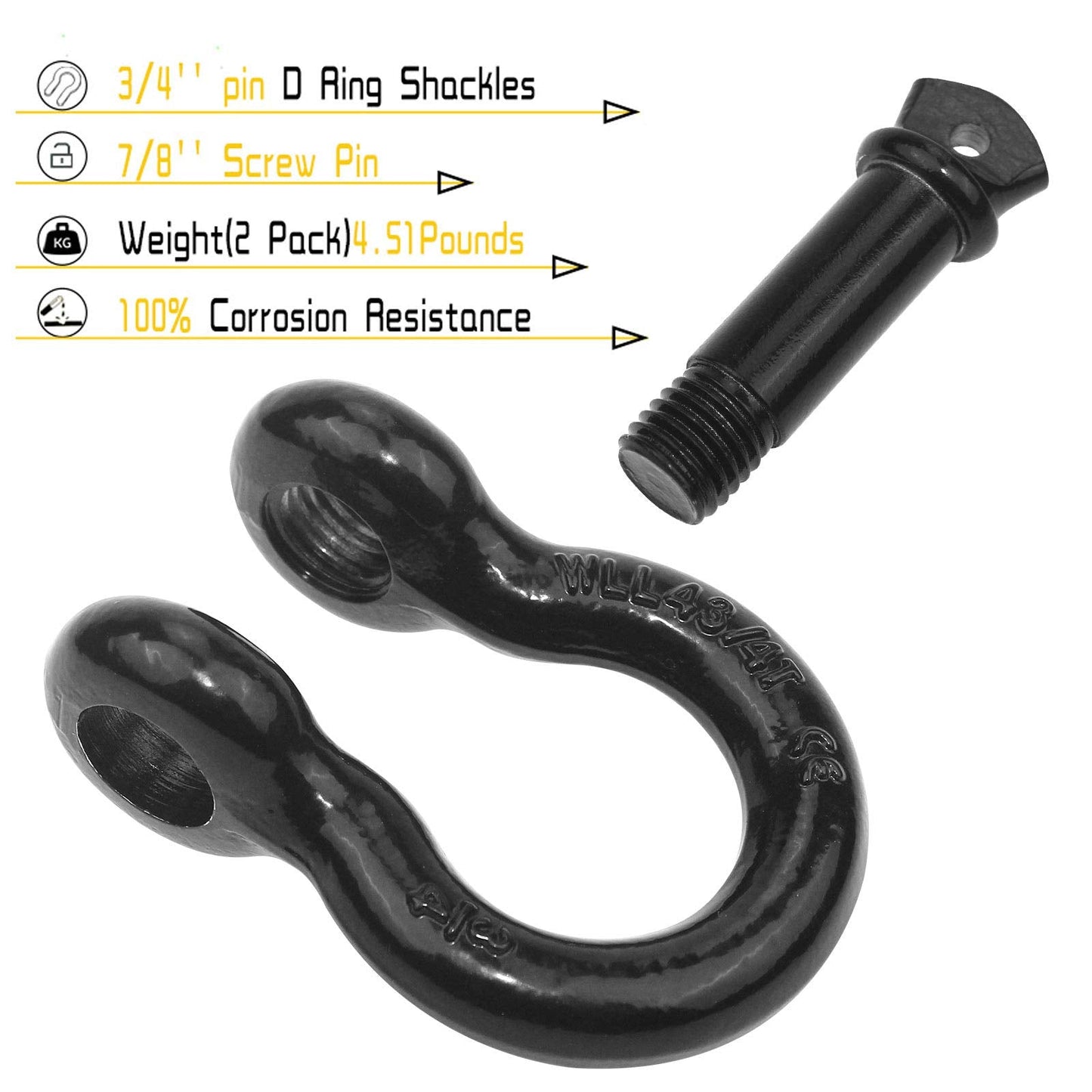 Robbor Shackles 3/4"(2 Pack) D-Ring Shackle Rugged 28.5 Ton (57,000 Lbs) Maximum Break Strength Heavy Duty Tow Shackles Perfect Shackle work with Tow Strap, Winch, Off-Road Jeep Truck Vehicle Recovery