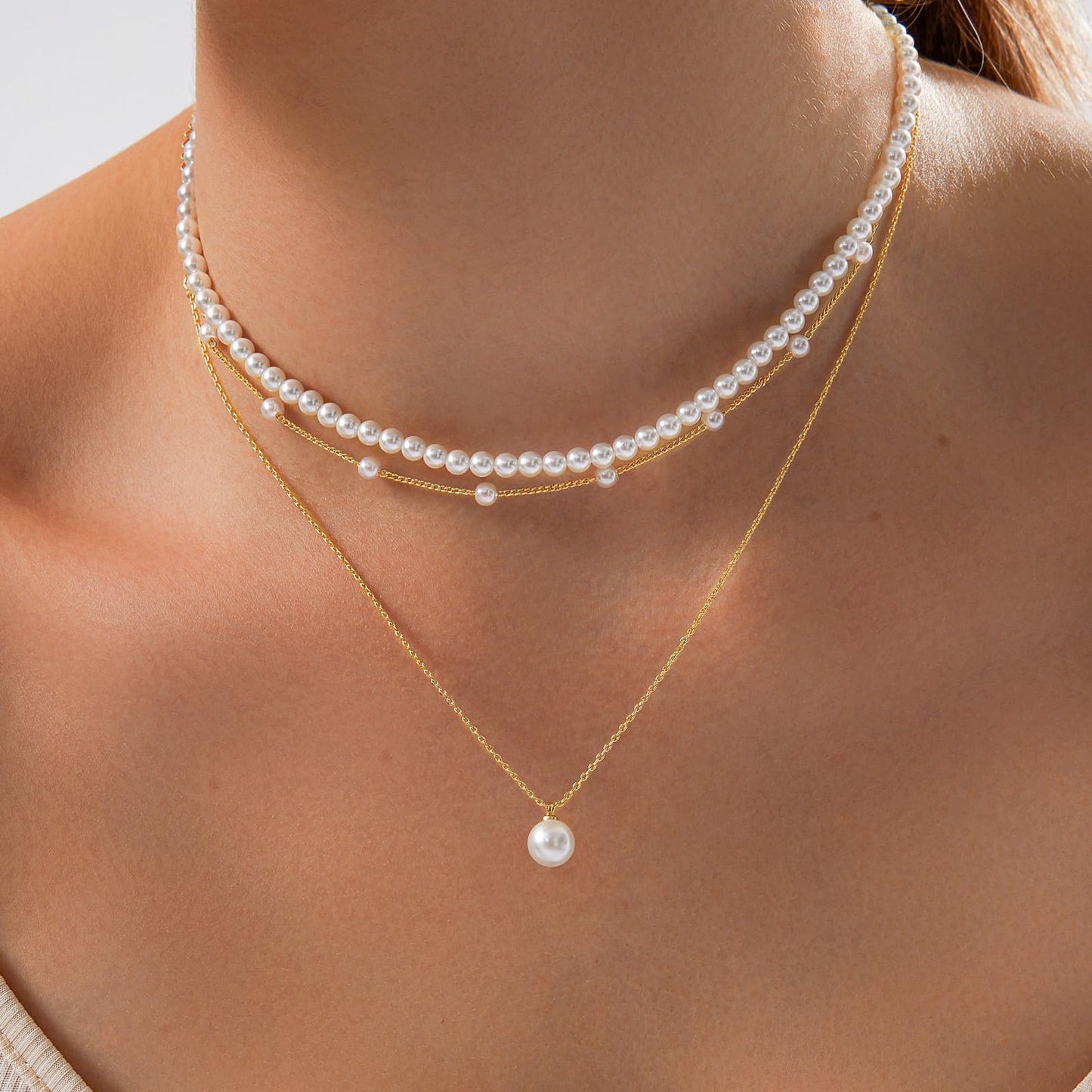 OGD Pearl Necklace for Women Trendy Layered 14K Gold Plated Dainty Pearls Pendant Choker Set Handmade Pearl Strand Gold Necklace Stack Simple Cute Jewelry Gifts for Women