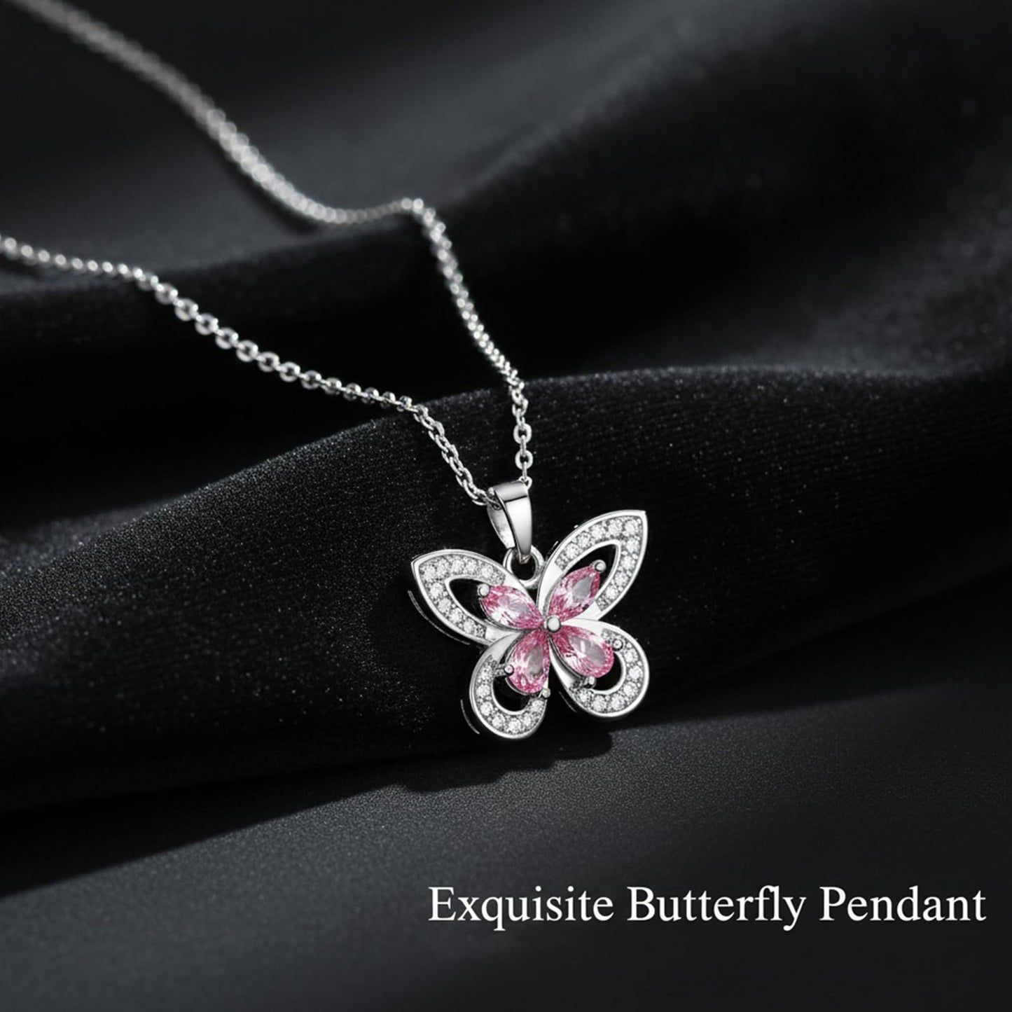 crataly Rose Quartz Butterfly Necklace For Women-Silver Plated October Birthstone Necklace For Valentine's Day Mother's Day Christams Birthday Gifts