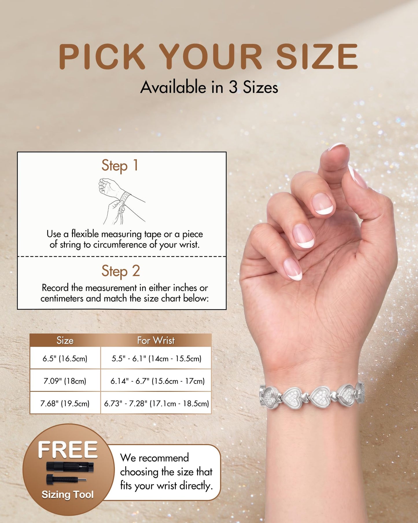 Feraco Pure Copper Bracelets for Women, Ultra Strength Magnetic Bracelet for Women with 3800 Gauss Magnet & Dazzling Austrian Crystals Stone, Heart-Shaped (Silver, 7.09 inches (18cm))