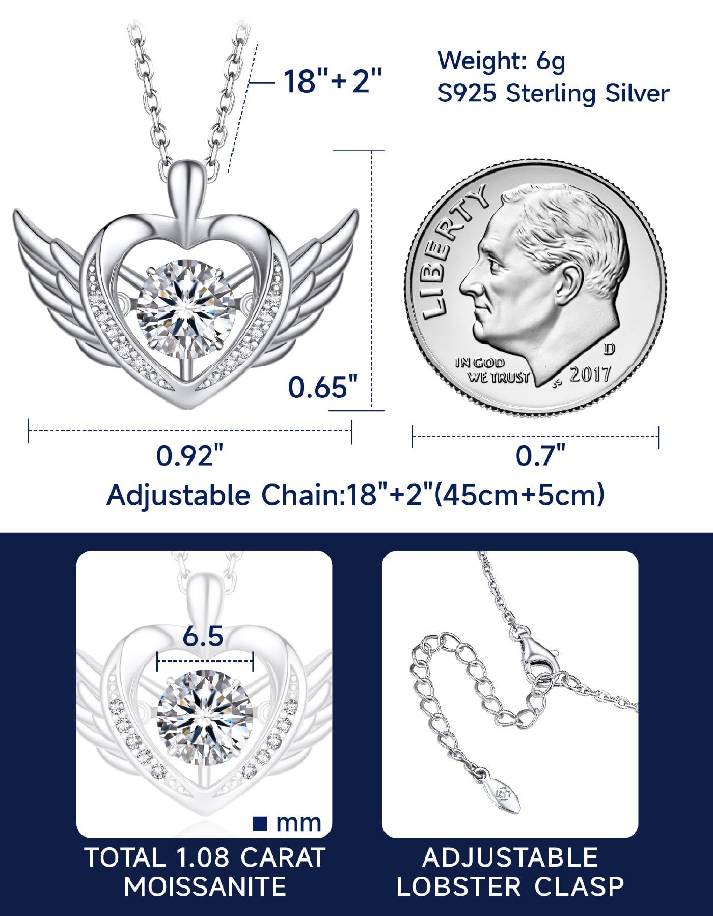 MomentWish Angel Wings Sterling Silver Necklace for Women 1 Carat D Color VVS1 Moissanite Dancing Diamonds Necklace Fashion Jewelry for Party Formal Outfits