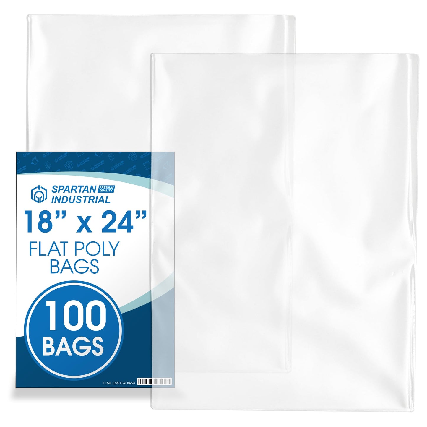 18" X 24" Open-End Flat Clear Poly Bags (100 Count) - 1.1 Mil Clear Plastic Bags for Packaging, Shipping, Storage - No Adhesive Strip - Spartan Industrial