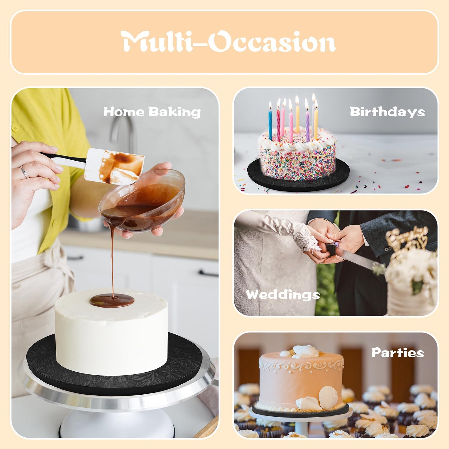 GoldenBakeryFamily 12 Inch Cake Drums,Black Cake Boards 12 Inch Round(4-Pack),1/2 Inch Thick Cake Boards with Banner Cake Topper,Sturdy,Greaseproof for Birthday Wedding Multi-Tiered Cake