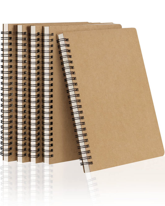 Dynta Spiral Notebooks A5 Lined 5Pcs College Ruled Journals Bulk Thick Paper for Work, Study, Notes Taking, Gifts 120 Pages/60 Sheets Kraft Brown