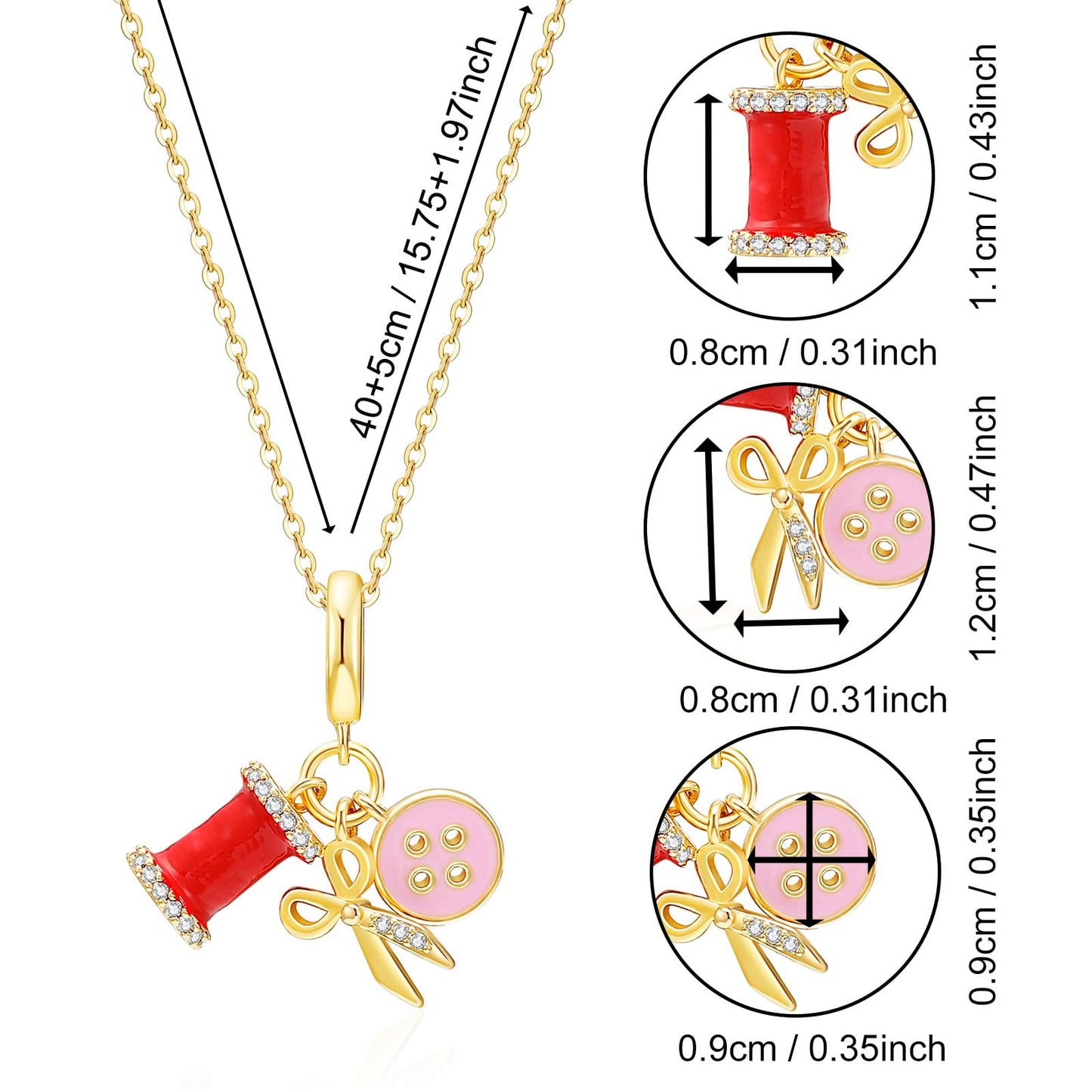 crataly Sewing Enamel Necklace For Women-Gold Plated Mini Wire Spool Button And Scissor Combination Necklace For Valentines Day Mother's Day Christmas Birthday Gifts