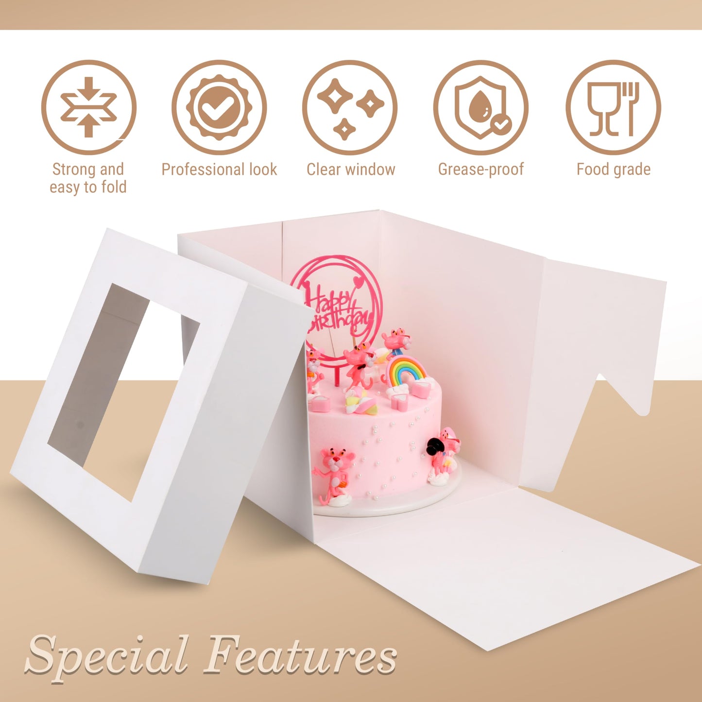 Cakebon Cake Boxes with Drums - 8 Inch Round White Cake Boards/Base para Pasteles (3-Pack) - Caja para Pasteles with Window for Birthdays, Weddings and Parties