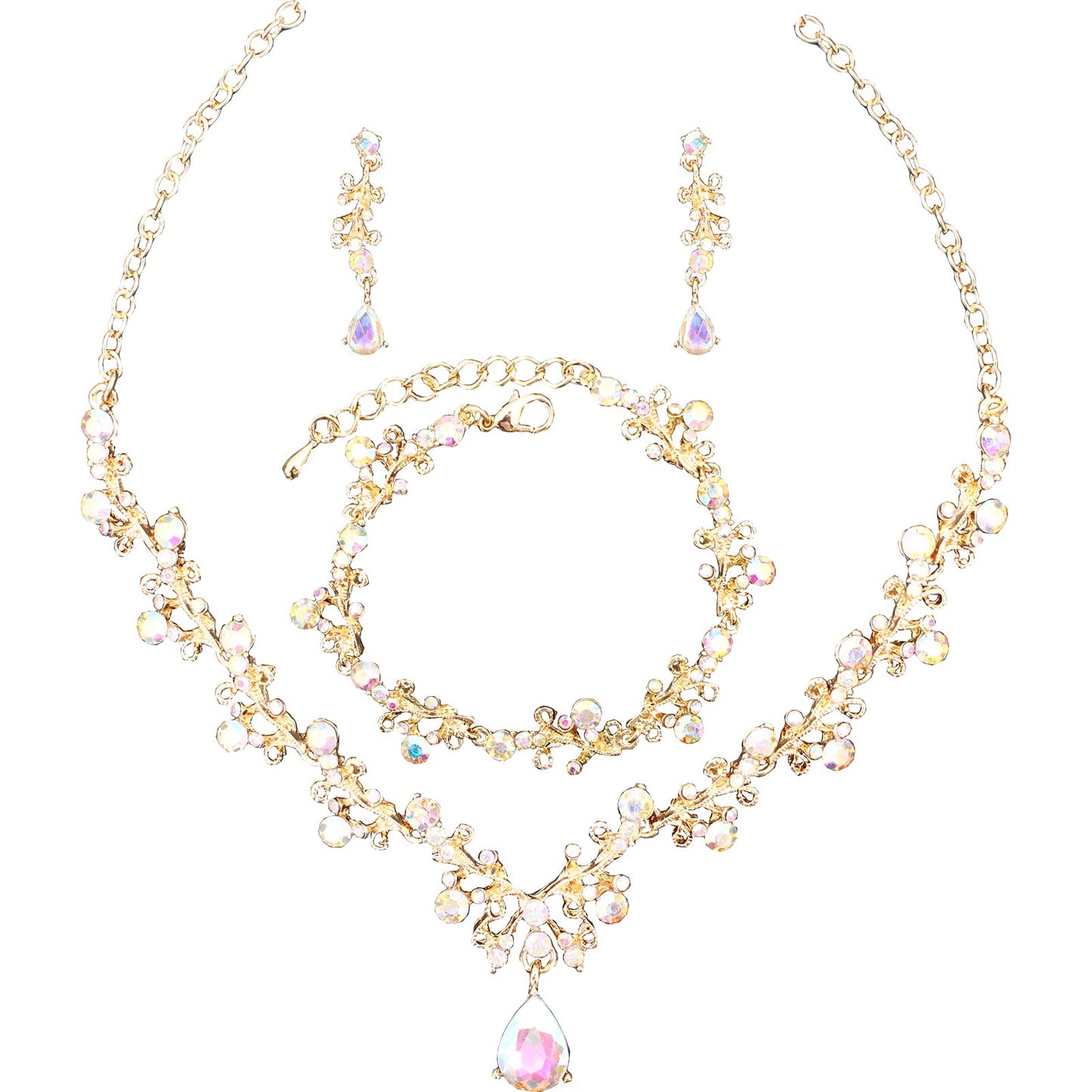 3Pcs Austrian Crystal Jewelry Set for Women, Necklace Dangle Earrings Link Bracelet Jewelry Set with Gold/Platinum/Gun Plated, Wedding Party Jewelry for Bridal Bridesmaid (Pink-Gold Plated)