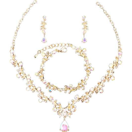 3Pcs Austrian Crystal Jewelry Set for Women, Necklace Dangle Earrings Link Bracelet Jewelry Set with Gold/Platinum/Gun Plated, Wedding Party Jewelry for Bridal Bridesmaid (AB Crystal-Gold Plated)