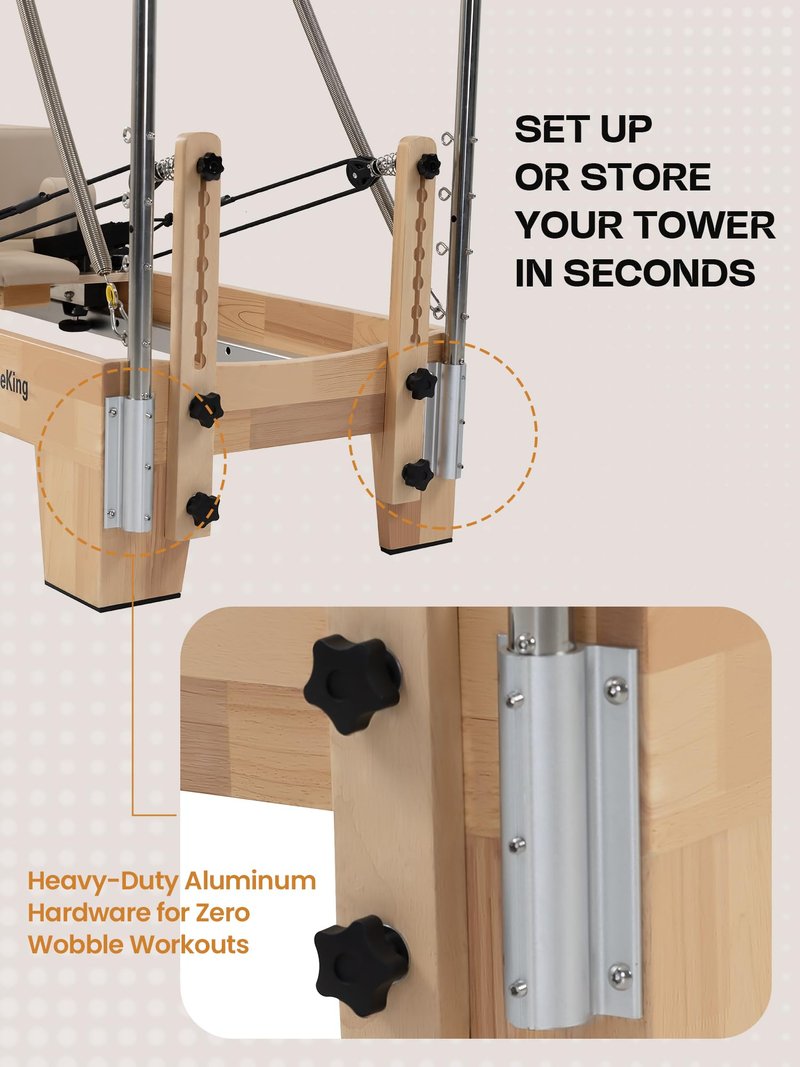 LeisureKing Pilates Reformer with Tower, Pilates Machine Equipment for Home Gym Workout, Studio Grade Reformer Set with Full Accessories, Sitting Box, Jump Board for Fitness & Pain Relief