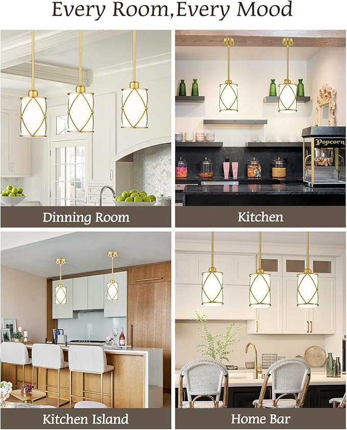 Brushed Gold Pendant Lights Kitchen Island, Modern 2 Pack Pendant Light with Frosted Glass, Farmhouse Mid Century Pendant Lighting for Dining Room, CH9176BGW-2PK
