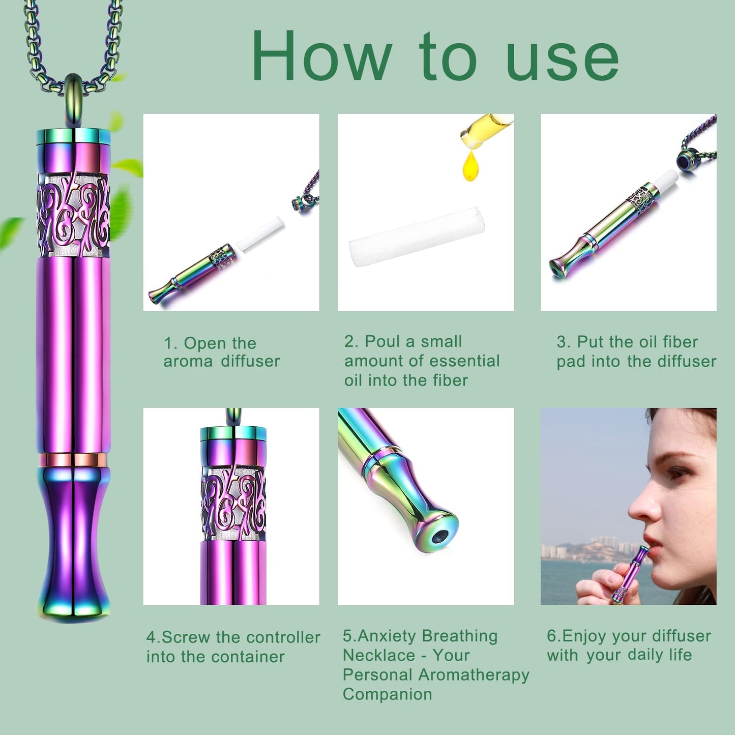 Anxiety Relief Pendant Mindfulness Breathing Necklace - Essential Oil Diffuser & Personal Inhaler Aromatherapy Necklaces for Women & Men (Rainbow)
