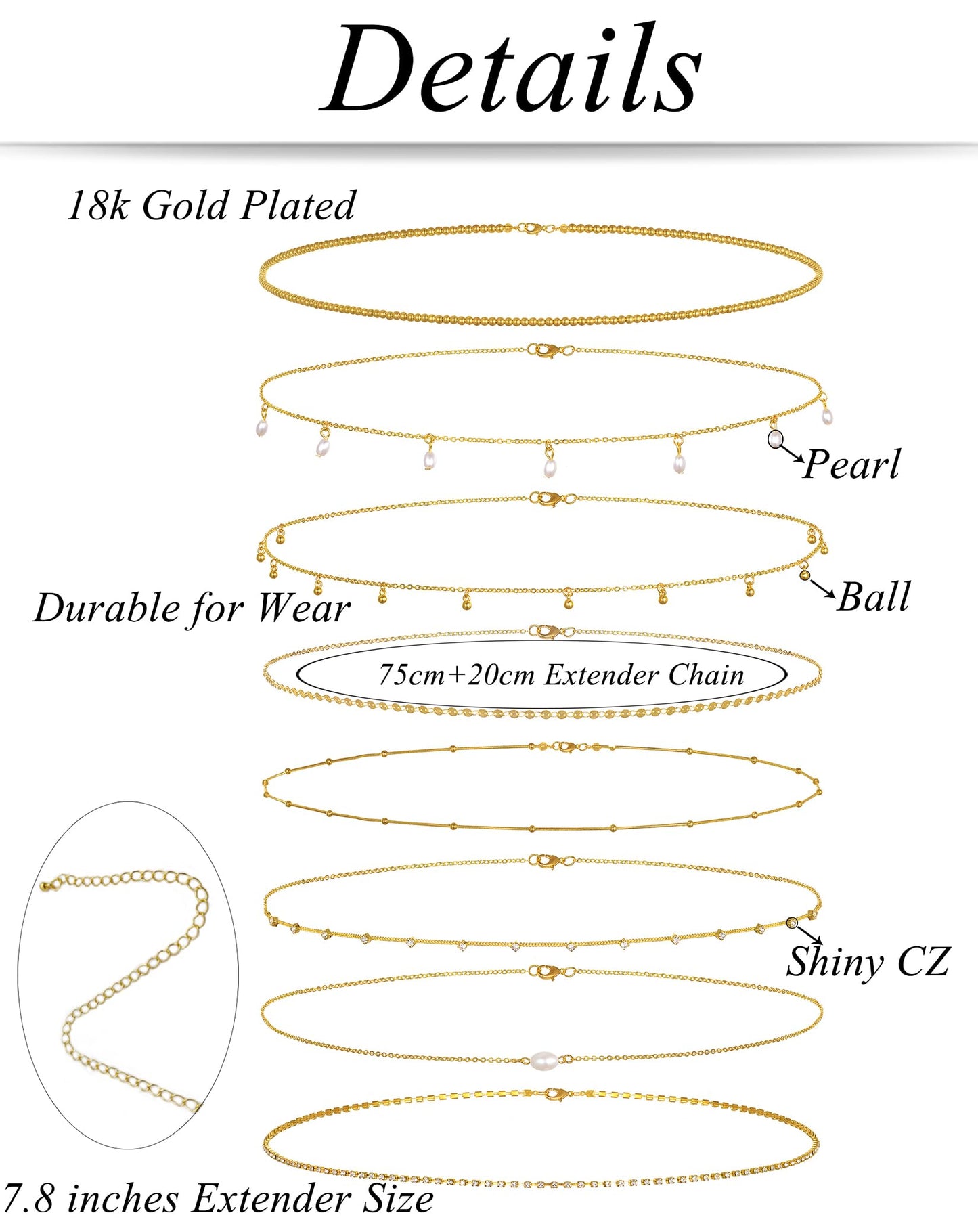 Tornito 8Pcs Waist Belly Chain 18K Gold Plated CZ Pearl Bead Belly Chain Summer Beach Sexy Body Chains Jewelry Accessories for Women Adjustable