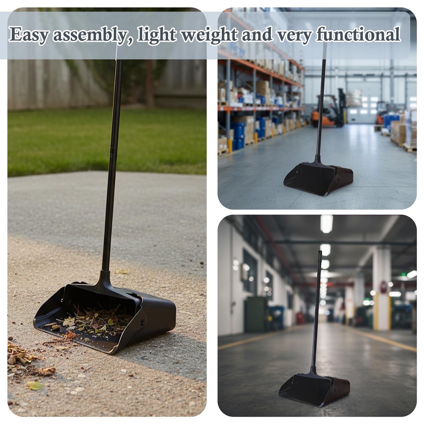 Primero Basics Pivoting Upright Dust Pan with Long Handle and Wheels, Large Capacity, Heavy Duty Commercial Dustpan for Indoor Outdoor, Standing Dust Pan for Home and Restaurant Cleaning, Black