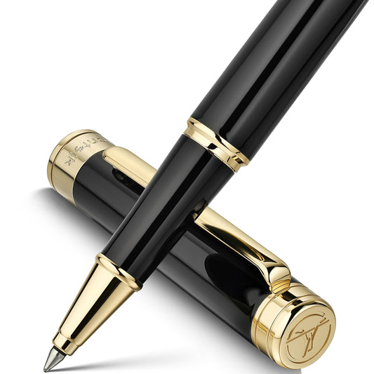 MCNTEIK Black Lacquer Rollerball Pen - Stunning Luxury Pen, 24K Gold Plating, Schmidt Refill, Precision Flow Ink, Best Roller Ball Gift Set for Men & Women, Professional, Executive Fancy, Nice Pens