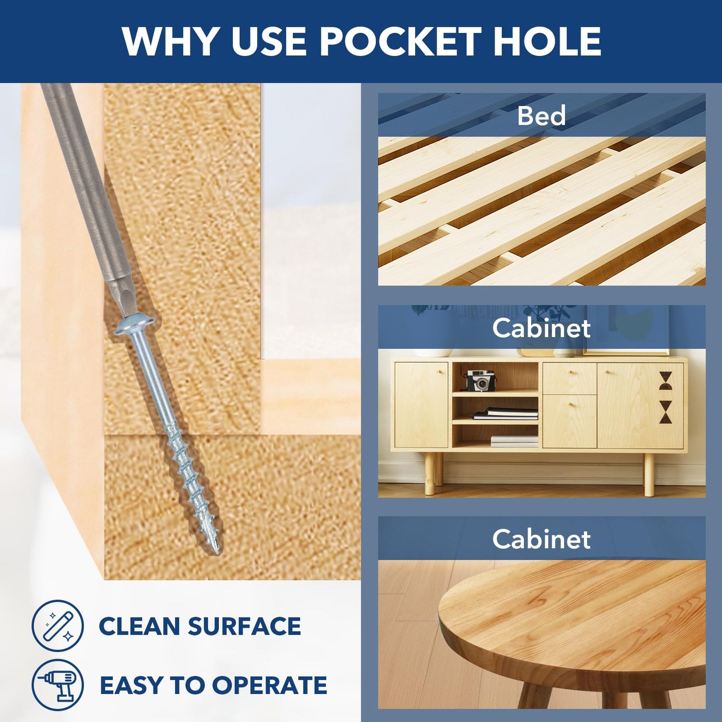Bobibbi Pocket Hole Screws #8x2-1/2 Zinc, Coarse Thread Wood Screws, Washer Head with Square Drive 300Pcs, 150MM Drive Bit Included