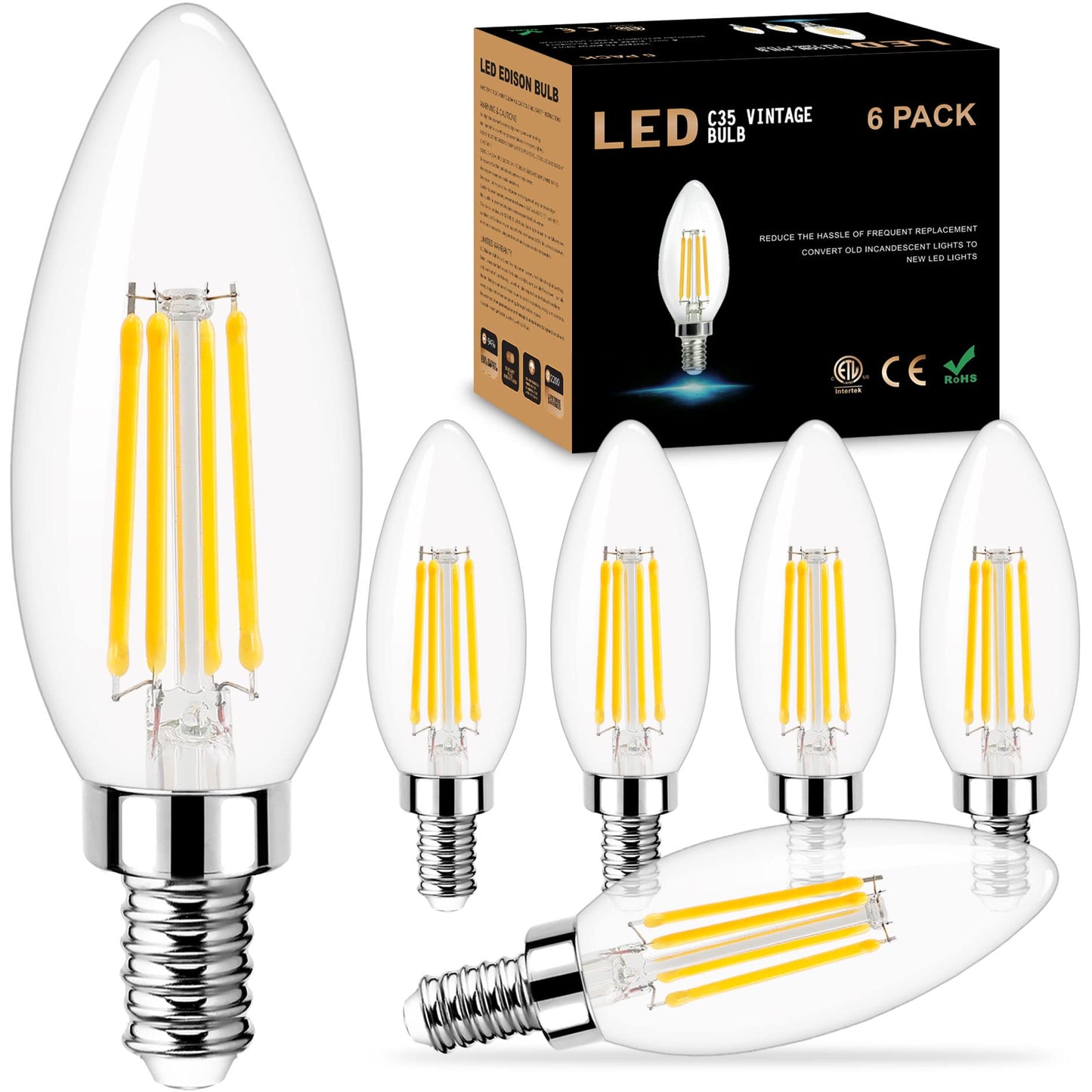 GOLSPARK Dimmable E12 LED Bulb 40W Equivalent, 4000K Natural Daylight Candelabra LED Light Bulbs 4W, 400LM, CRI 85+, Type B Bulb, Clear Filament Candle Light Bulbs for Chandelier Ceiling Fan, 6 Pack