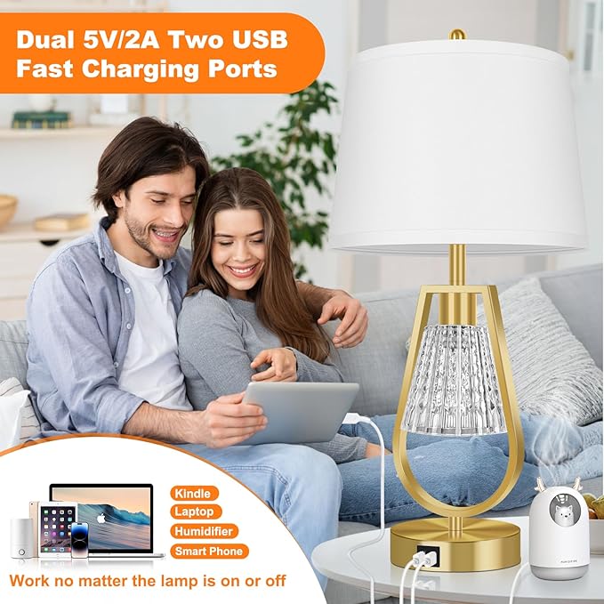 VerRon Set of 2 Touch Control Table Lamps, Dimmable Nightstand Lamps with 2 USB Ports, Bedside Lamps with Night Light, Gold Lamps with White Shade for Living Room Bedroom, 4 Bulbs Included