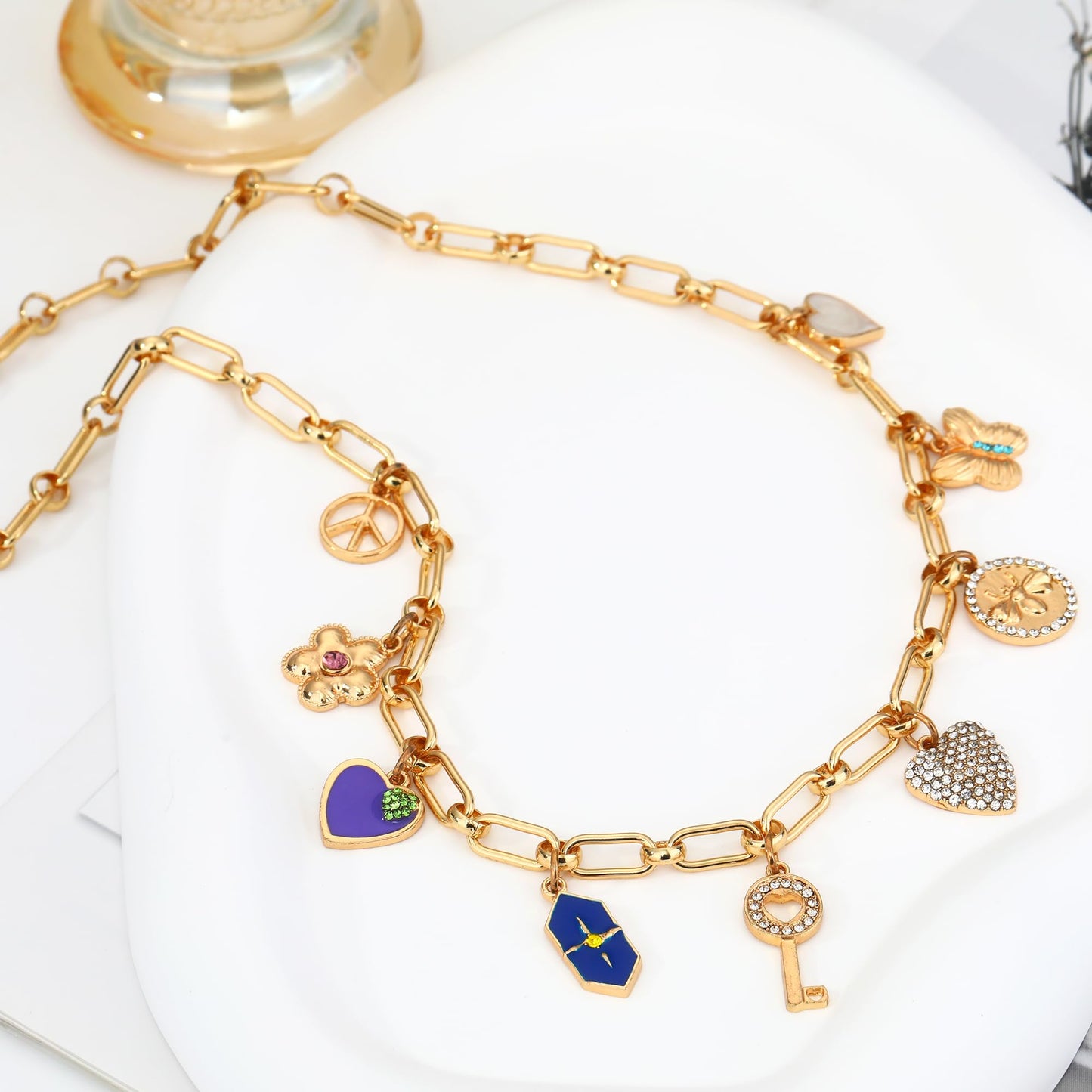 BONJOULRY Charm Necklace for Women Gold Cute Love Heart Key Peace Cross Flower Butterfly Coin Pendant Necklace Dainty Paperclip Chain Charms Choker Necklace Y2K Preppy Jewelry Key