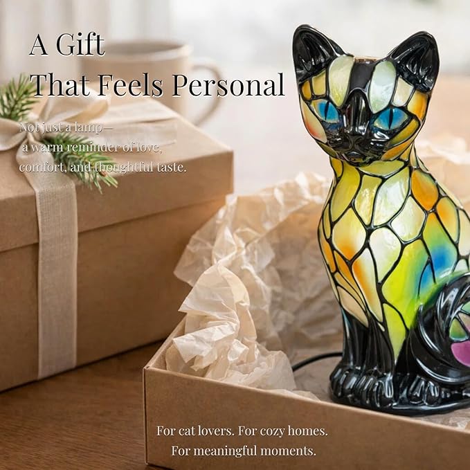Cat Lamp, Stained Glass Cat Lamp, Decorative Resin LED Night Light for Cat Lovers, USB Vintage 3D Table Lamp Cozy Glow for Desk & Mantel – Fun Gift for Pet Owners (Siamese Cat B)