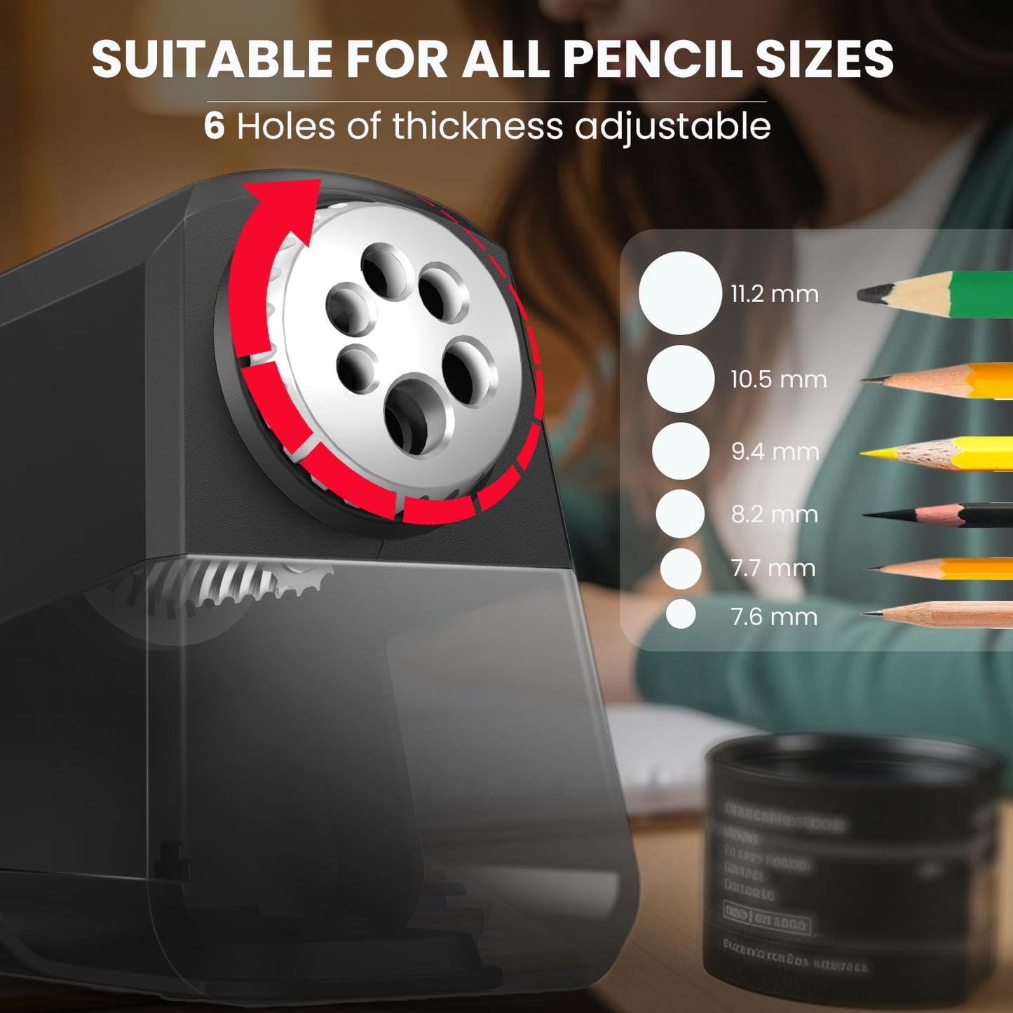 Aurbuex Heavy Duty Electric Pencil Sharpener – 6-Hole for 6-12mm Pencils, Auto Start/Stop, Fast 4s Sharpening, Zinc Alloy Blade, 10,000+ Sharpenings – Ideal for Classroom, Office & Art Use(S260)