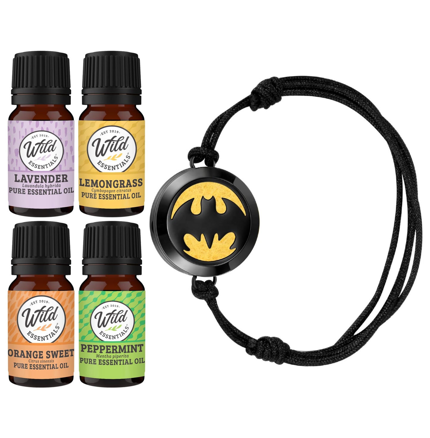 Wild Essentials Black Chrome Bat Essential Oil Diffuser Bracelet Gift Set with Aromatherapy Pendant, Adjustable Nylon Band, 12 Pads and 100% Pure Oils; Lavender, Lemongrass, Orange and Peppermint