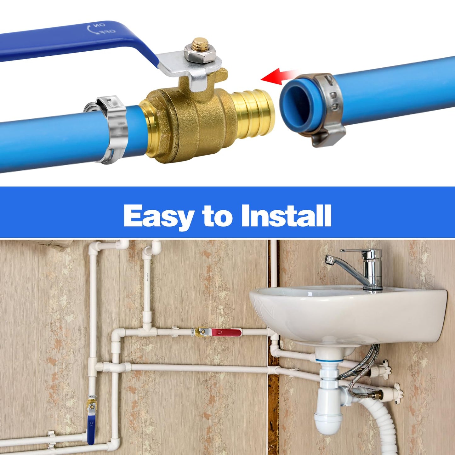 4pcs PEX Ball Valves, 3/4" PEX Brass Full Port Shut Off Ball Valve, Full Port Shut-off Ball Valve, Quarter Turn HOT (RED) COLD (BLUE) of Water Stop Shut off