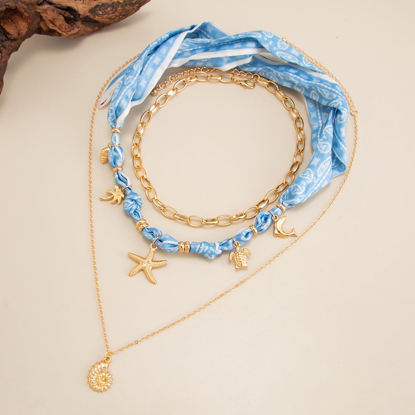 Scarf Bandana Necklace with Charm Gold Starfish Shell Seashell Necklace Boho Layered Conch Sea Shell Turtle Charm Necklaces Summer Beach Vacation Outfits Jewelry Essentials Accessories for Women