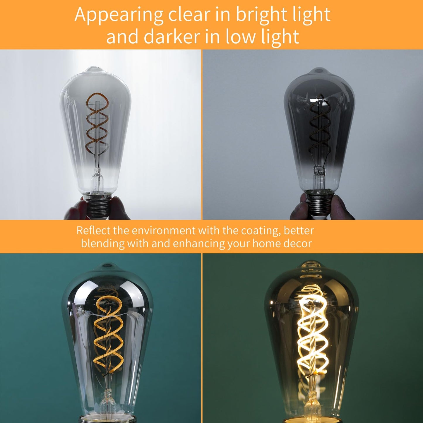 Decoaui E26 ST64 Vintage Edison Light Bulbs, Smoky Grey Coated Glass, Dimmable, 4W(20W Equivalent) 150 Lumens, 2700K Soft White, Spiral Filaments Design, Antique Style, 25000 Hrs, 6-Pack