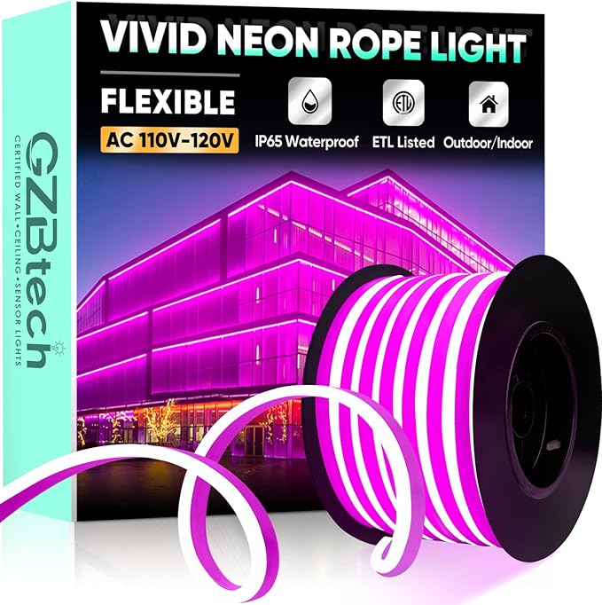 GZBtech Flexible LED Neon Rope Lights 50FT,AC 110-120V Waterproof Strip Light, 120 LEDs/M Cuttable Connectable Neon Lighting for Indoor Outdoor Home Decor/Commercial Building Use-Pink 15M, ETL Listed