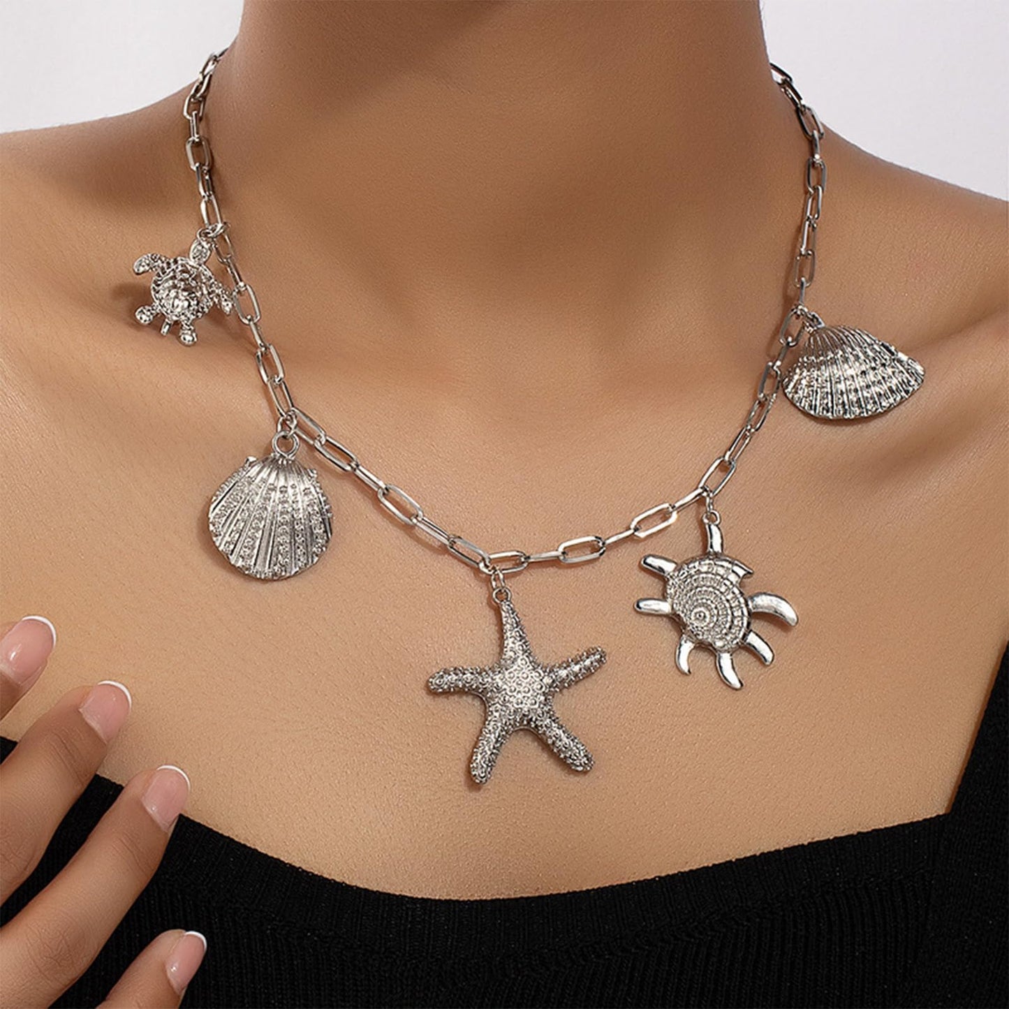 Frodete Starfish Necklace for Women Beach Necklaces Jewelry Layered Choker Drop Dangle Summer Vacation Outfits Theme Conch Seashell Accessories Ocean Pendant Dress Costume