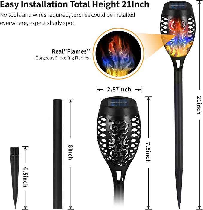 Solar Torch Lights, 6 Pack with Colorful Flickering Flame, Waterproof Tiki Torches for Outside Pathway Decorations