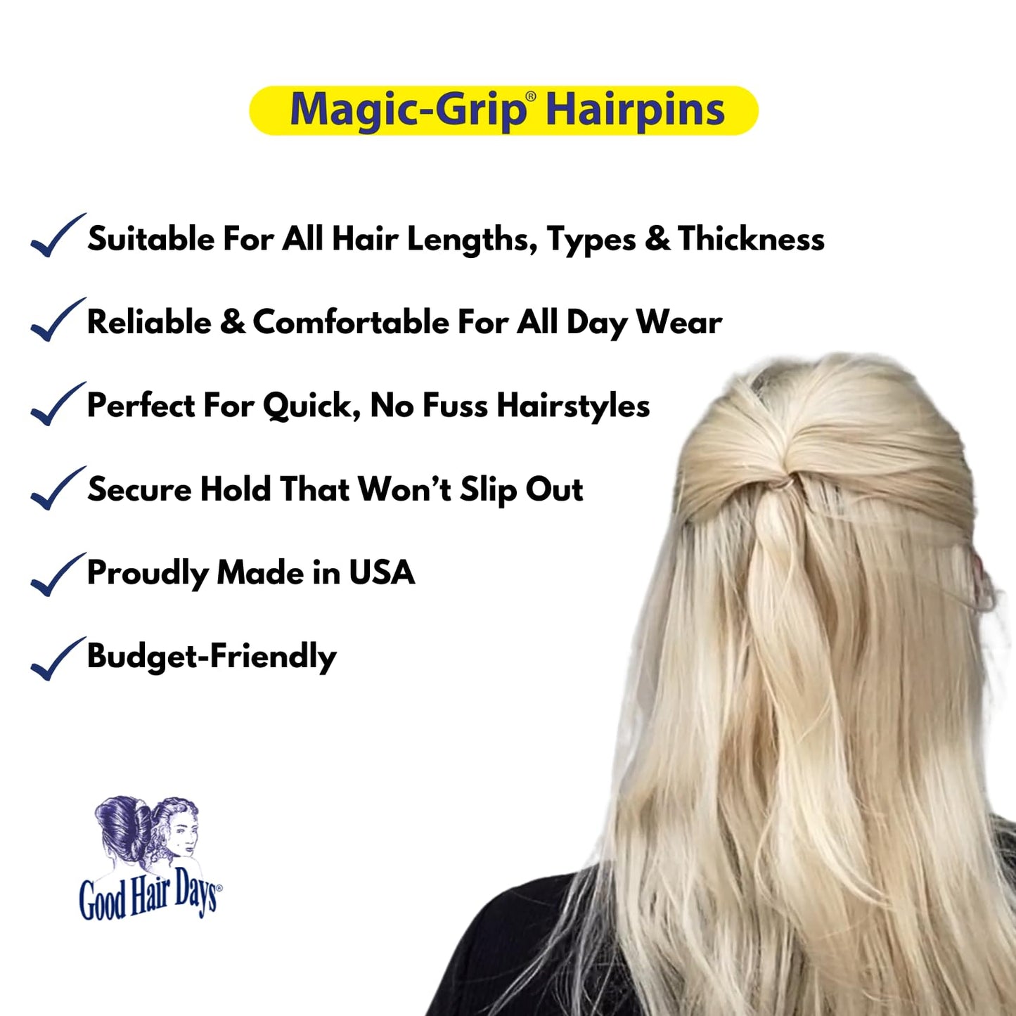 Good Hair Days Magic-Grip Hairpins - 2 1/2" U-Shaped Grip Hair Pins for Fine, Thick, Curly & Long Hair, Invisible Strong Hold Hair Styling Accessories, Set of 20, USA-Made (Tortoise Shell)