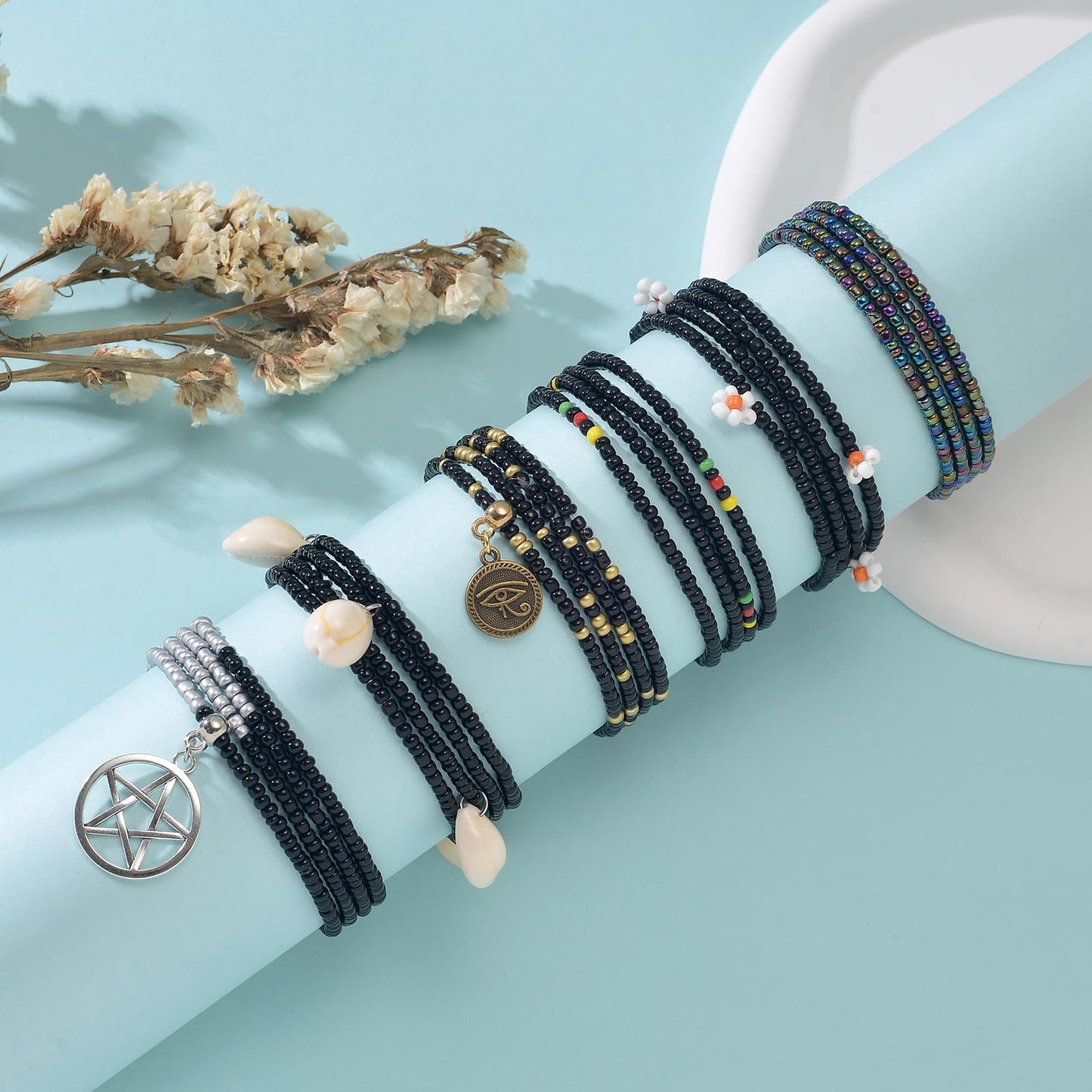 Tornito 8Pcs 31.5 Inches African Waist Bead Chain Elastic Belly Beads Butterfly Shell Layered Body Chain Colorful Jewelry Accessories for Women (B:8Pcs(Black))