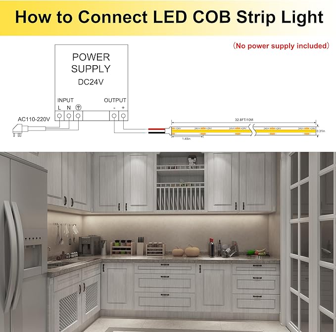 COB LED Strip Lights Waterproof IP68, 6000K Daylight White Outdoor 24V Dimmable Silicone LED Tape Lighting 16.4ft High Density, 3000LM+, 1600LEDs,(Power Supply Not Included)