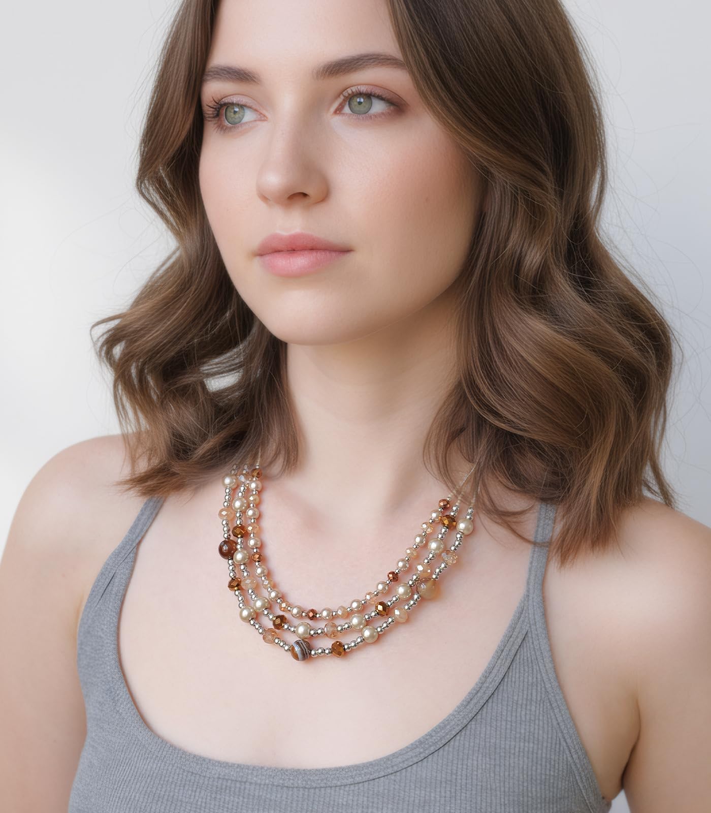 Noessla Beaded Statement Necklaces for Women Layered Chunky Bead Necklace Fashion Costume Jewelry Gifts for Mom(Champagne Brown)