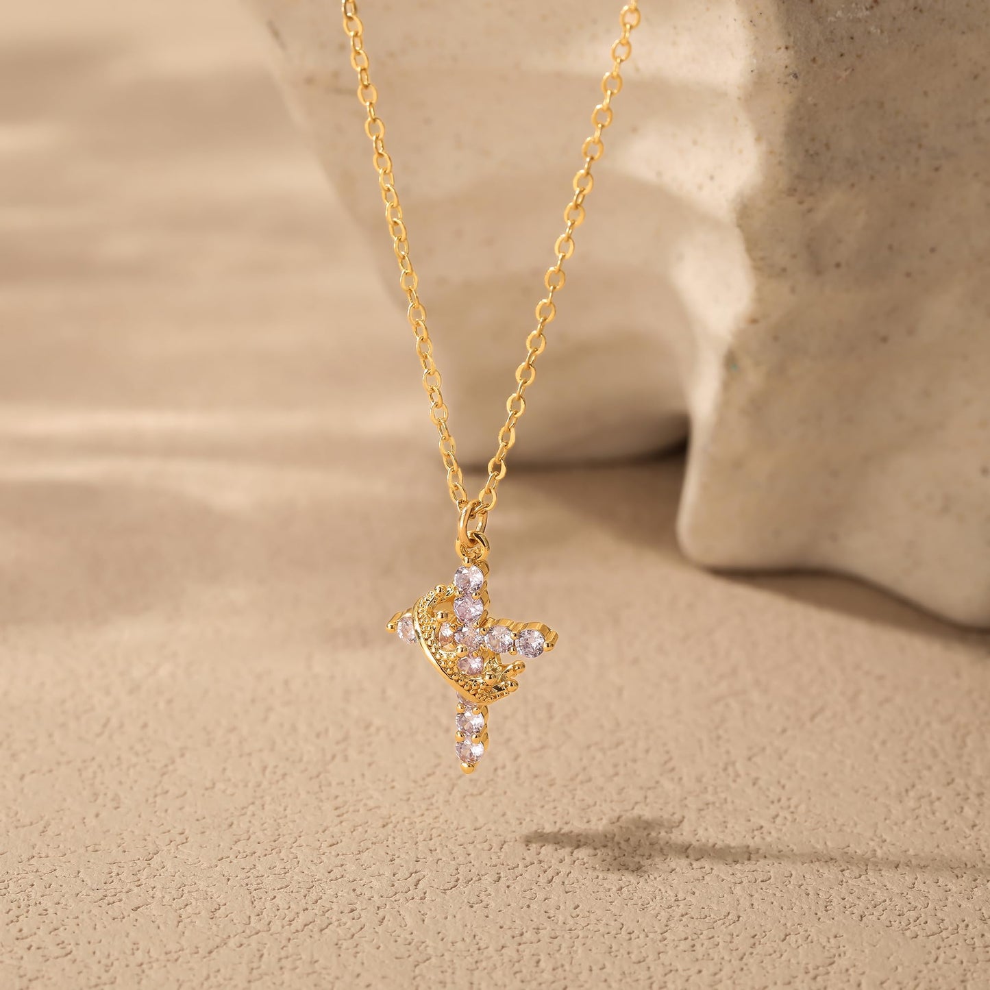 Robaice Birthstone Crown Cross Necklace for Women, Gold-Plated Christian Faith Necklace, Cross Jewelry Gift for Women, February Purple Amethyst Gift
