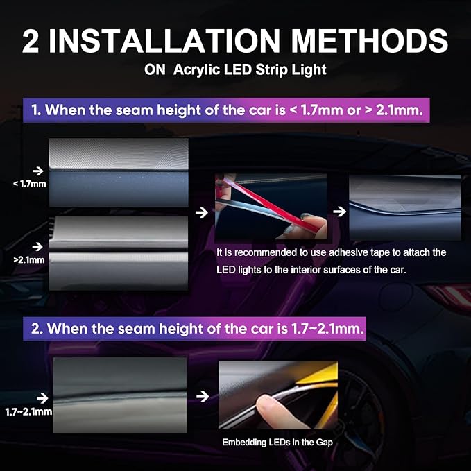 Acrylic LED Lights for Car, 43.3in RGB Strip Light Car LED Lights Interior with USB Port, App Control, Music Sync, 146 LEDs Interior Ca r Lights for Women Men Gifts