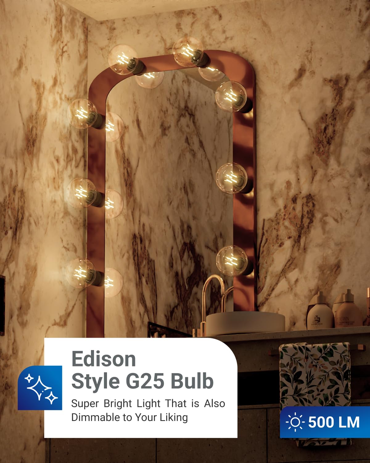 Sunco 6 Pack G25 Globe Light Bulbs LED Edison Vanity Light Bulbs, CRI90, 3000K Warm White, Dimmable, 5W=60W, Clear Vintage Filament Globe, 500 Lumens, E26 Base, Indoor Outdoor, UL