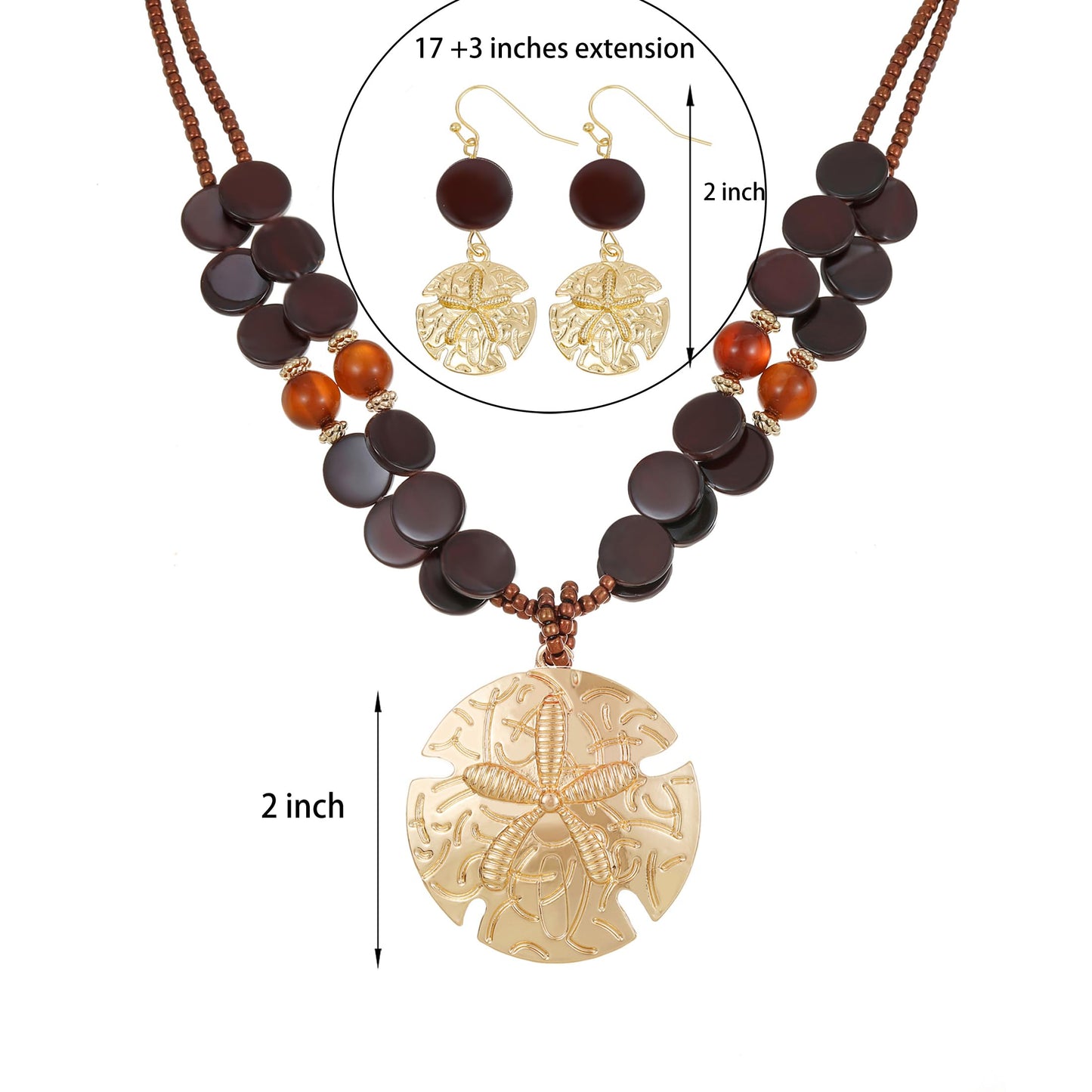 Perla Boho Starfish Necklace for Women, Chunky Layered Shell Beads Choker Necklace and Earrings Set, Ocean-Themed Summer Beach Jewelry (Brown)