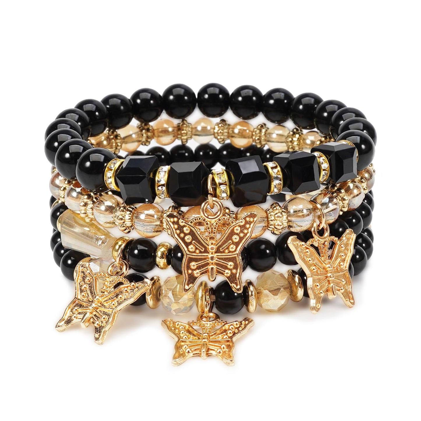Briutn Black Gold Butterfly Stackable Beaded Bracelet Set Boho Stretch Bracelets Jewelry Gift for Women