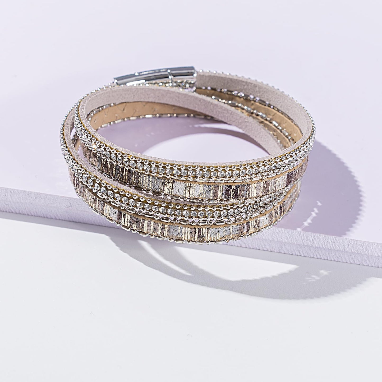 FANCY SHINY Boho Leather Wrap Bracelet Stackable Crystal Rhinestone Bangle Cuff with Magnetic Clasp Trendy Bohemian Jewelry for Women(grey)