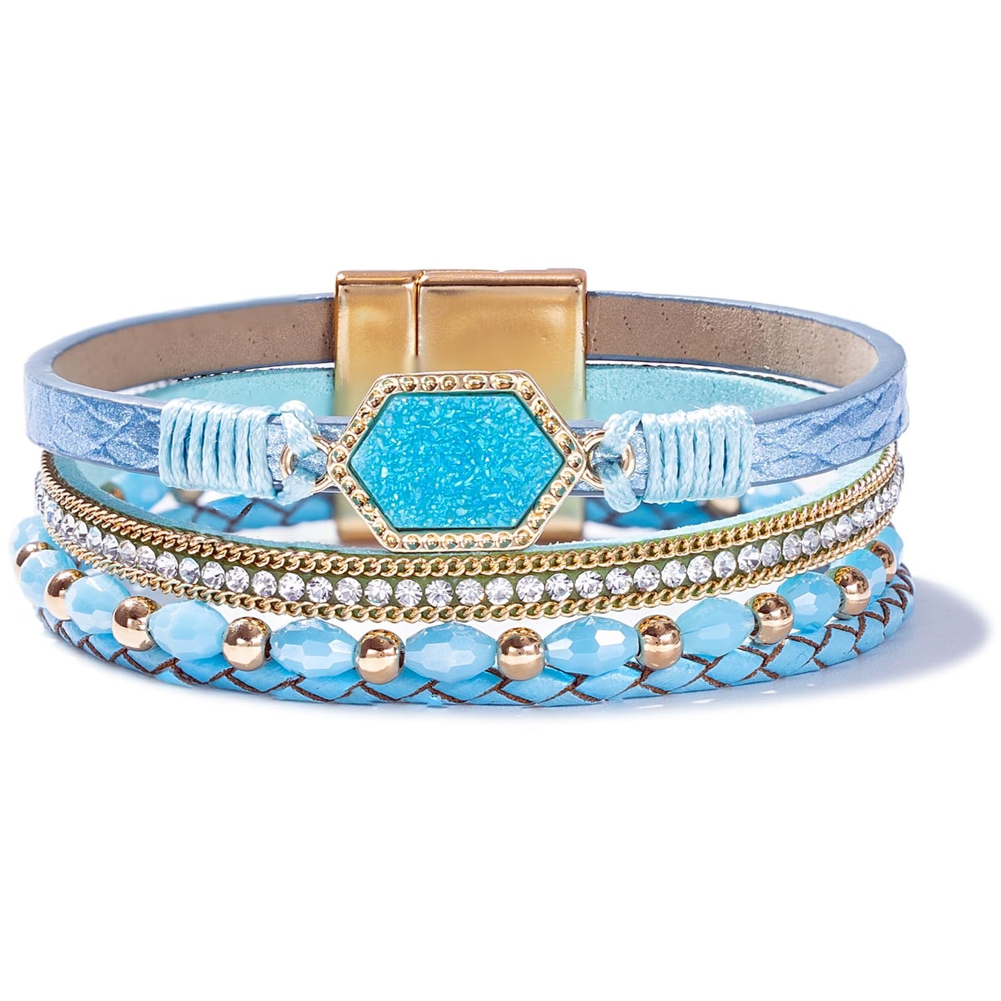 FANCY SHINY Crystal Beaded Leather Wrap Bracelet Stackable Boho Jewelry for Women Trendy Braided Resin Stone Bangle Cuff with Magnetic Clasp(Teal)