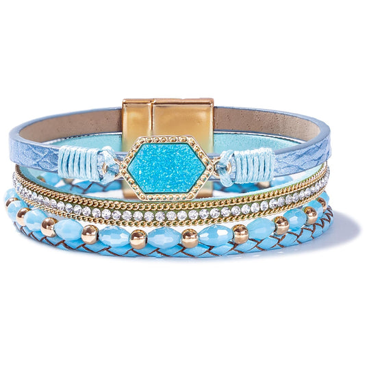 FANCY SHINY Crystal Beaded Leather Wrap Bracelet Stackable Boho Jewelry for Women Trendy Braided Resin Stone Bangle Cuff with Magnetic Clasp(Teal)